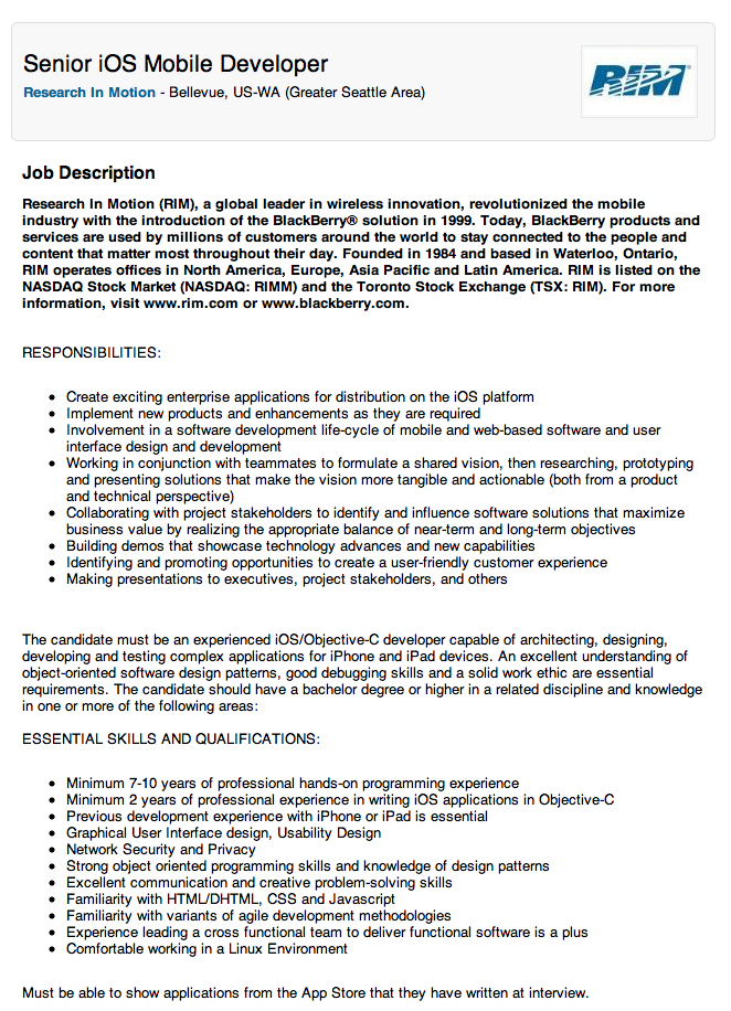 RIM planning to hire iOS developers. Are you interested? 2 RIM-iOS-Job