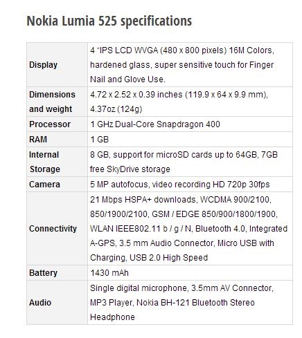 Nokia Lumia 525 specs leak