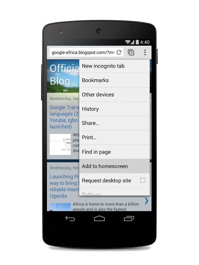 Chrome for Android shortcut