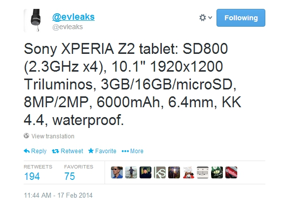 Xperia Z2 Tablet leak