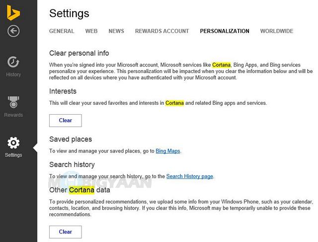 Cortana Bing settings leak