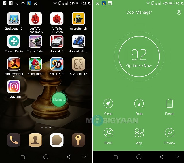 Coolpad Max Review - Best of Both Worlds 24 Floating Widget For Calling (Left), Cool Manager (Right)