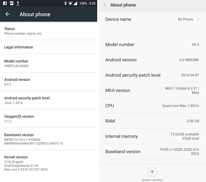 OnePlus 3 vs Xiaomi Mi 5 - Specs Comparison 4 OnePlus 3 (Left), Xiaomi Mi 5 (Right)