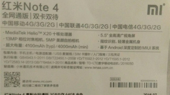 Xiaomi Redmi Note 4 specs revealed through leaked image of retail box label
