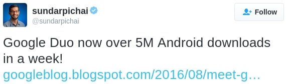 google-duo-5-million-downloads-android-sundar-pichai-tweet