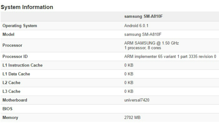 Samsung Galaxy A8 (2016) spotted on Geekbench with Exynos 7420 SoC and 3 GB RAM