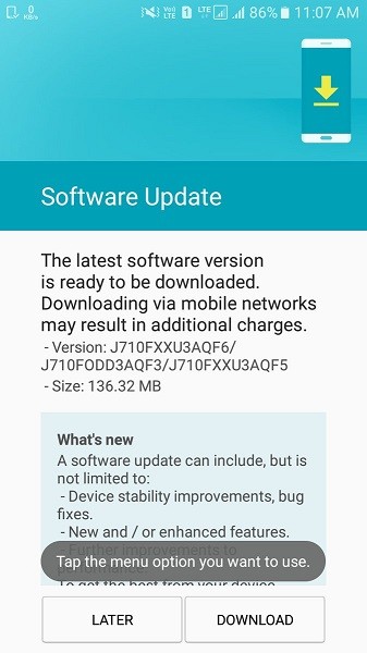 galaxy J7 (2016) Samsung Pay mini update