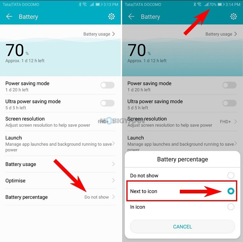 How to show battery percentage on Honor View 10 Guide 2