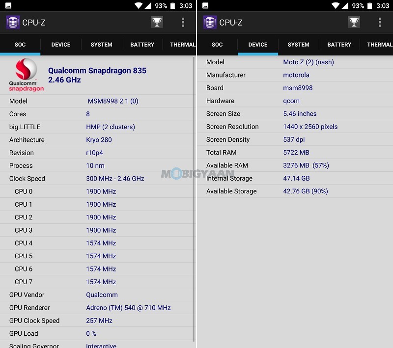 Motorola Moto Z2 Force Performance Benchmarks CPU Z