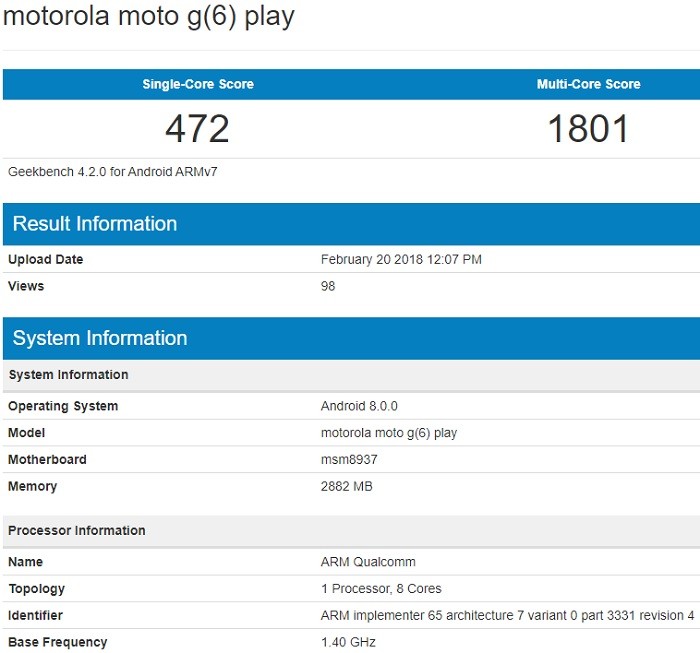 moto g6 play specs geekbench