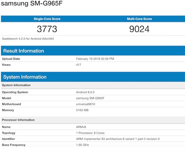 samsung galaxy s9 plus sm g965f exynos geekbench