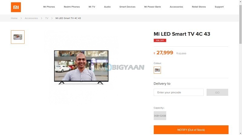 Xiaomi Mi LED Smart TV 4C 43 inch spotted on Mi Store with price ahead of launch