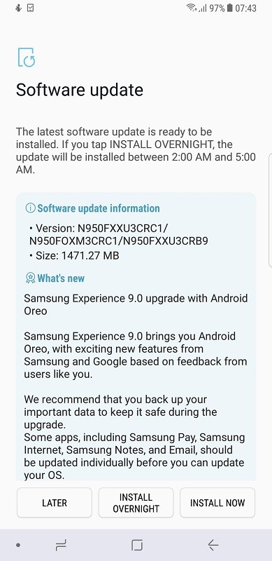samsung galaxy note8 android 8 oreo update india