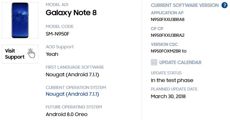 samsung galaxy note8 oreo update timeline