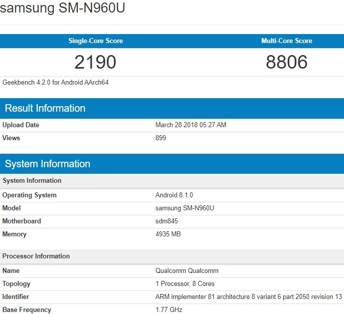 samsung galaxy note9 sm n960u geekbench