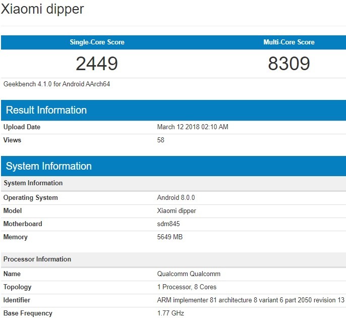 xiaomi dipper specs geekbench