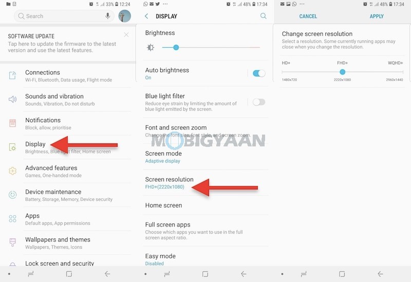 how to change screen resolution on Samsung Galaxy S9 plus