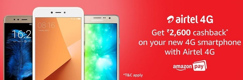 airtel amazon india partnership 2600 cashback 4g smartphone