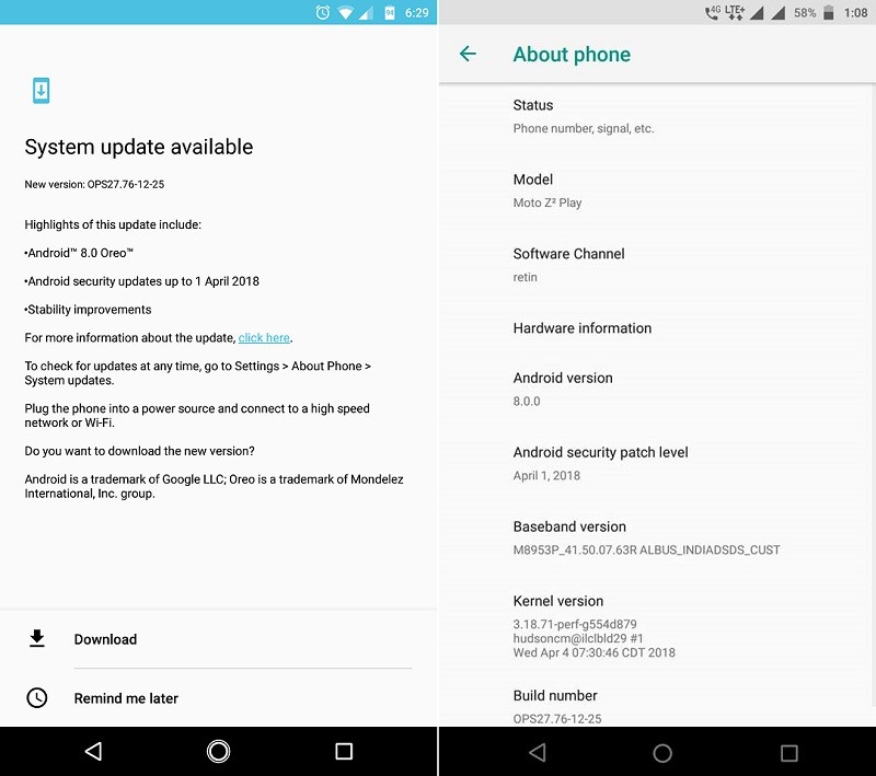 moto z2 play android 8 oreo update india