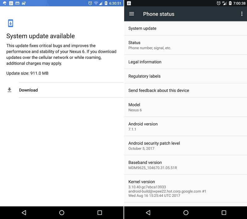 nexus 6 android 7 1 1 nougat update