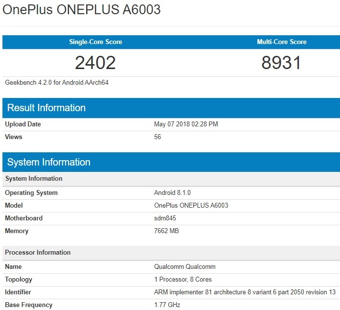 oneplus 6 a6003 geekbench