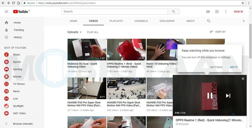 YouTube Picture-in-Picture mode now rolling out to more users without YouTube RED subscription 2 youtube pip mode test desktop non youtube red 1