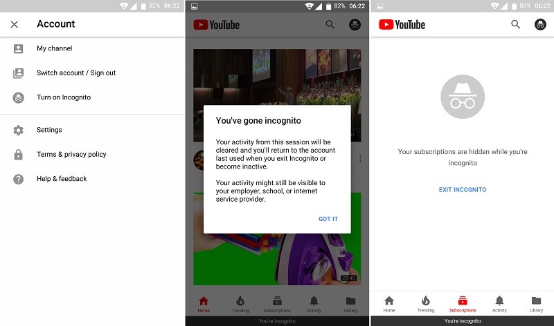 youtube testing incognito mode android app 1