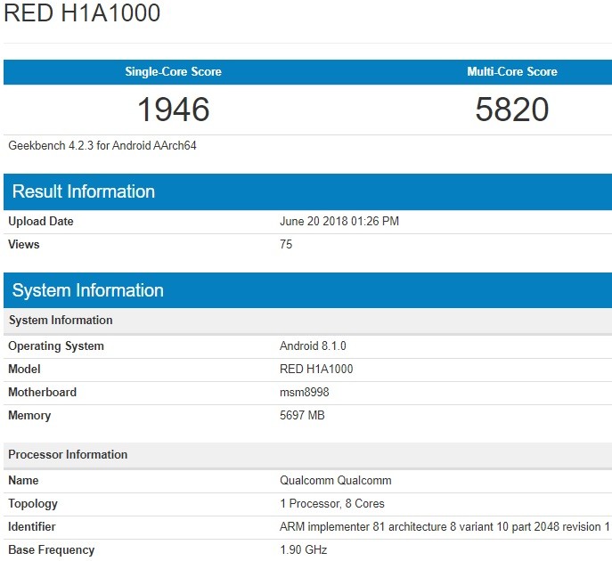 red hydrogen one specs geekbench