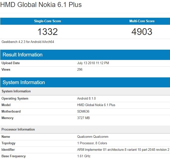 nokia 6 1 plus geekbench