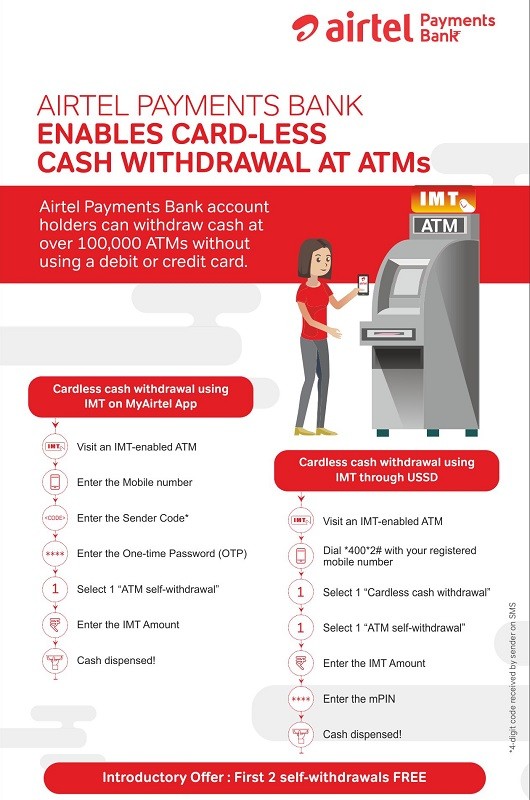 Airtel Payments Bank users can now withdraw cash from ATMs without using a debit/credit card