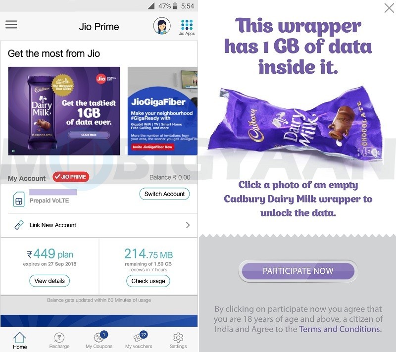 reliance jio 1 gb free data cadbury dairy milk 1