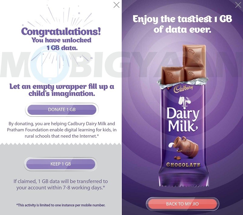 reliance jio 1 gb free data cadbury dairy milk 2