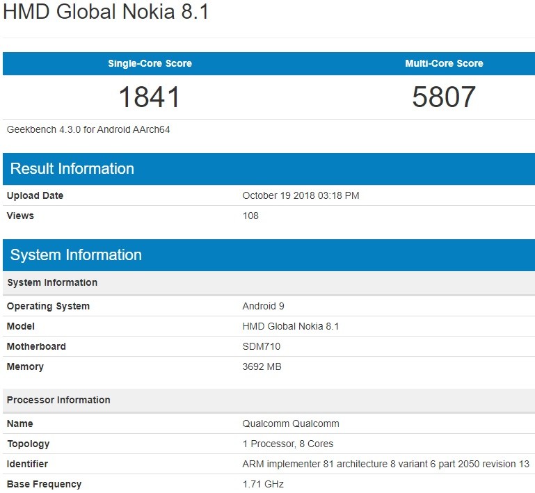 nokia 8 1 specs geekbench