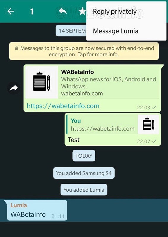 whatsapp private reply group messages android beta 1