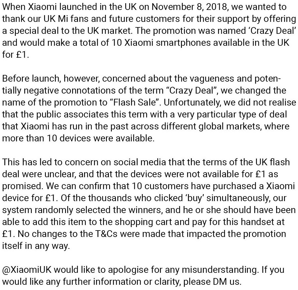 xiaomi uk flash sale statement