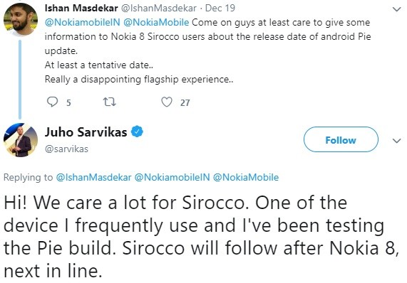 nokia 8 sirocco next android pie update