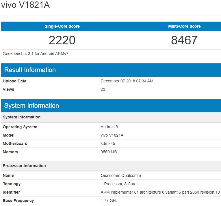vivo nex 2 v1821a geekbench