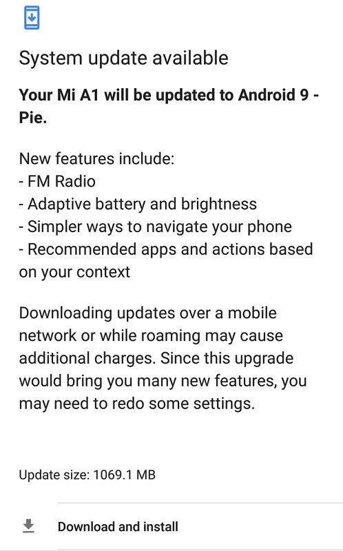 Xiaomi Mi A1 Android 9.0 Pie update in India