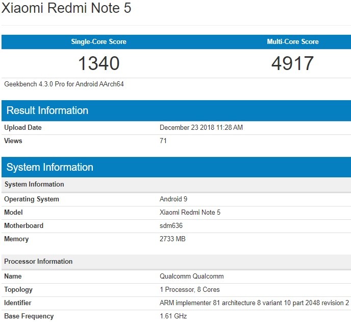 xiaomi redmi note 5 android pie geekbench