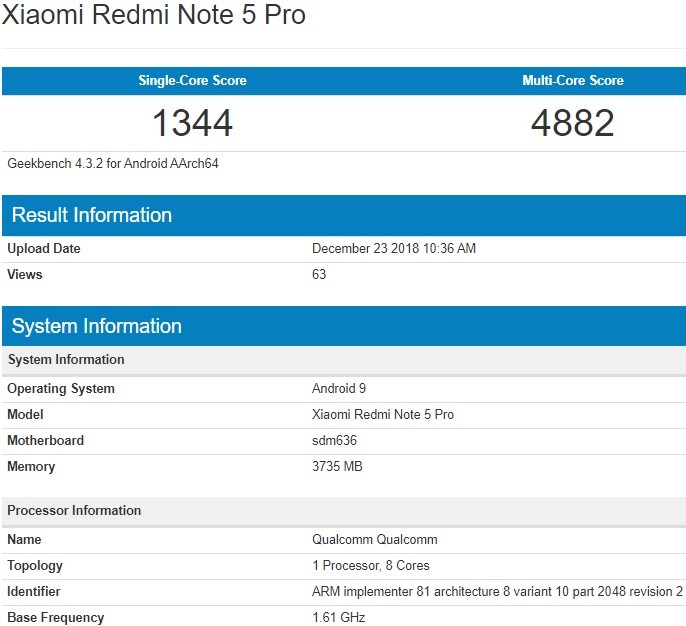 xiaomi redmi note 5 pro android pie geekbench 1