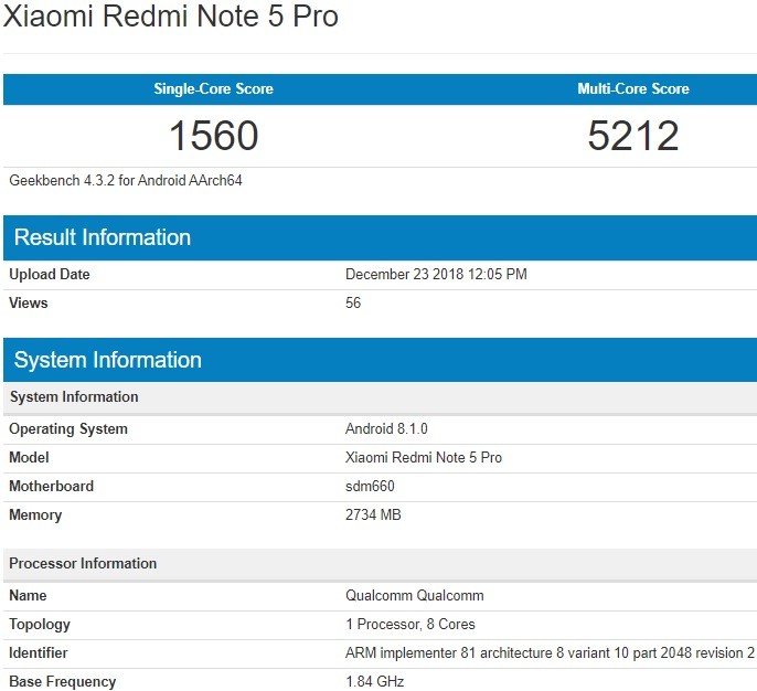 xiaomi redmi note 5 pro android pie geekbench 2