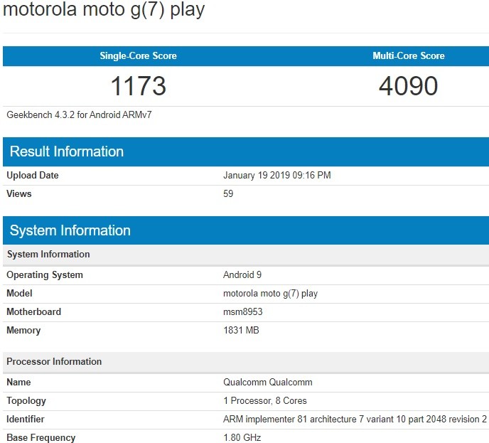 moto g7 play specs geekbench