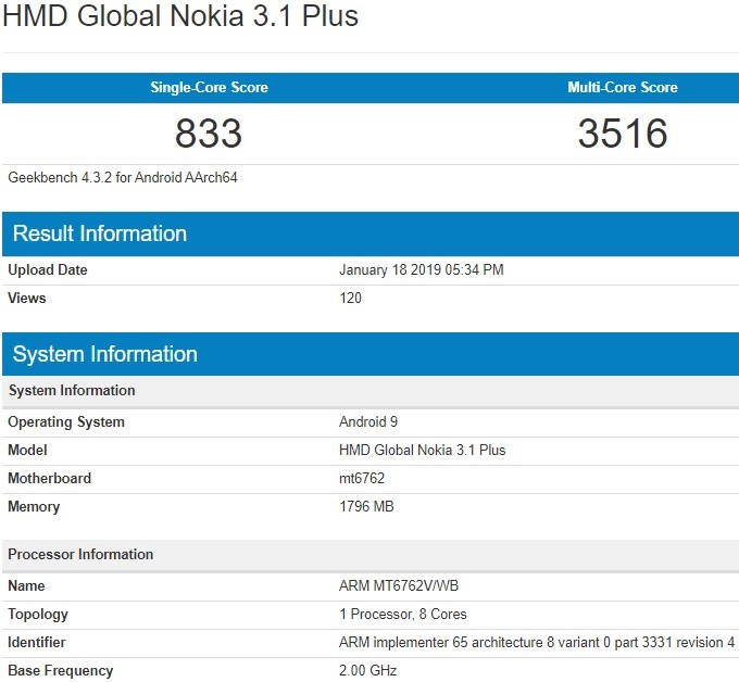 nokia 3 1 plus android 9 pie geekbench