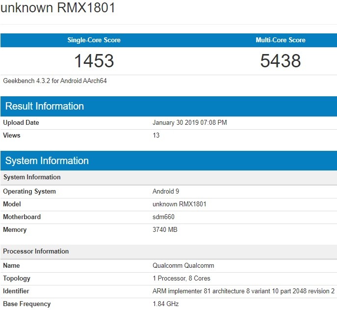 realme 2 pro android 9 pie geekbench