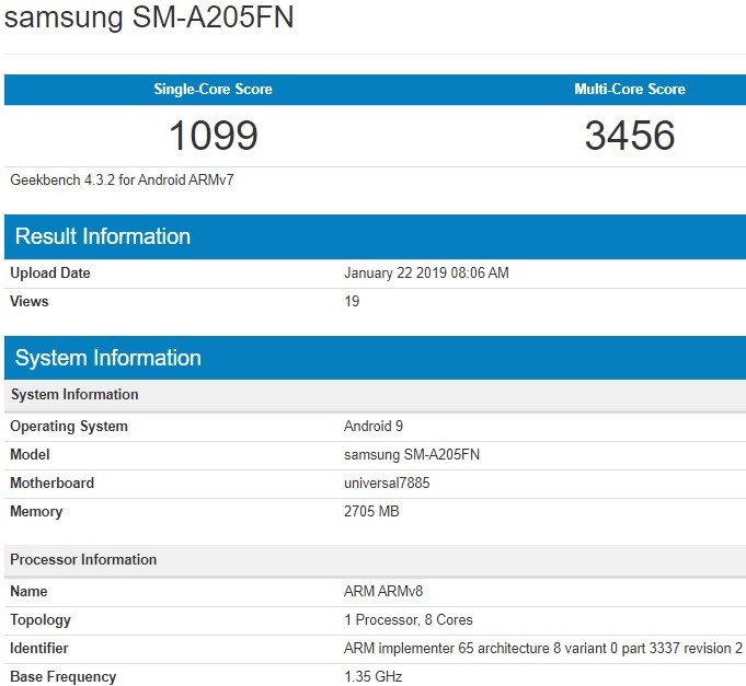 samsung galaxy a20 specs geekbench