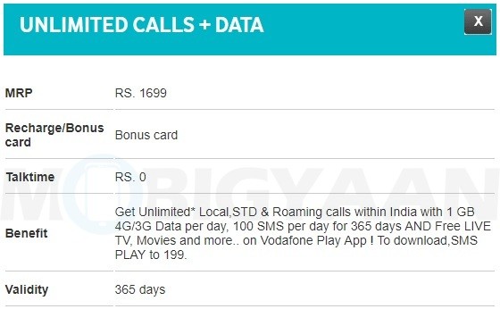 vodafone 1699 prepaid plan details