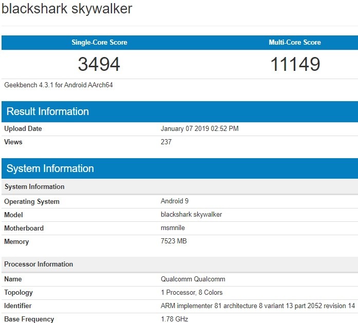 xiaomi blackshark skywalker specs geekbench