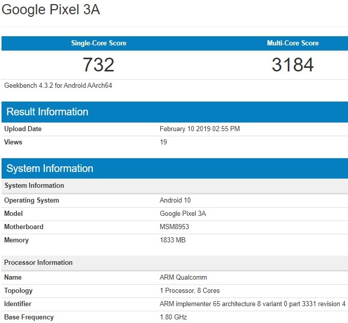 google pixel 3a specs geekbench