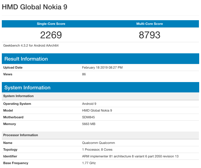 nokia 9 geekbench