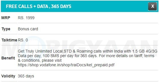 vodafone 1999 prepaid plan details